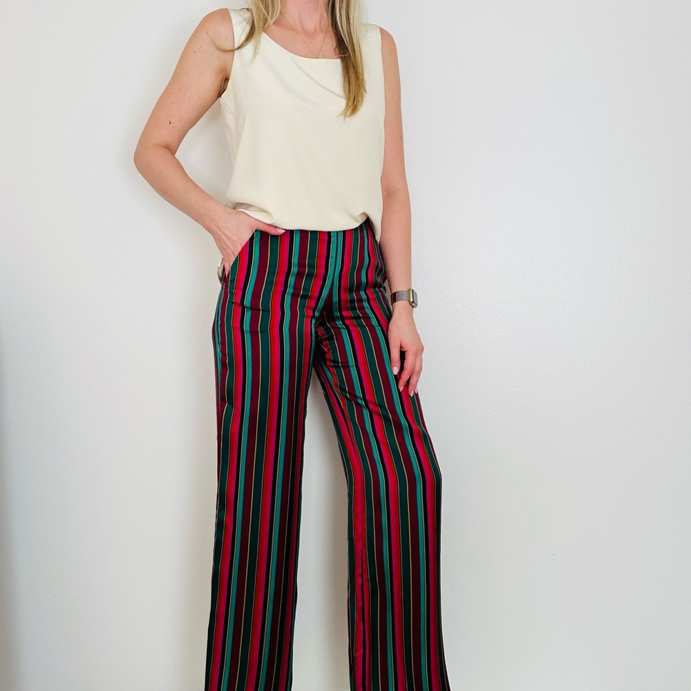 Trina Turk Striped Wide-Leg High Waisted Side Pockets Satin Pants